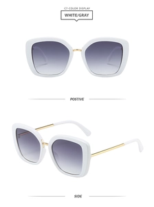 Front and side view of white square sunglasses with gold metal temples and gray gradient lenses