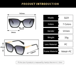 Detailed size specifications table for retro square frame fashion sunglasses model 3221