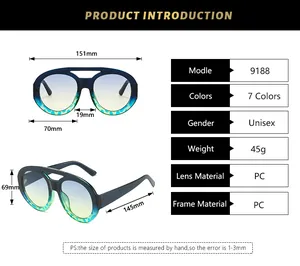 Size chart showing 151mm frame width and PC lens specs for oversized oval sunglasses