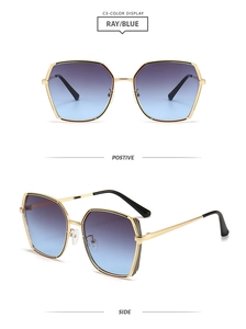 Details einer quadratischen Goldmetall-Sonnenbrille mit blau-violettem Verlauf