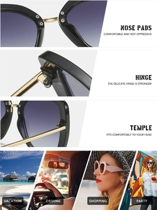 Detail view of reinforced hinges, comfortable nose pads, and ergonomic metal temples of sunglasses
