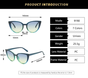 Detailed dimension guide for cat eye sunglasses with gradient lenses and PC frame material