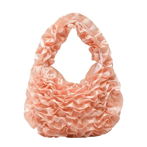 Elegant soft pink satin handbag with sweet layered ruffles and silky pleated finish