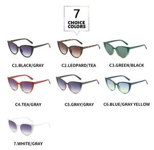Detail view of cat eye sunglasses available in seven trendy color frames and gradient lenses