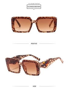 Front and side view of square oversized leopard sunglasses with brown gradient lenses