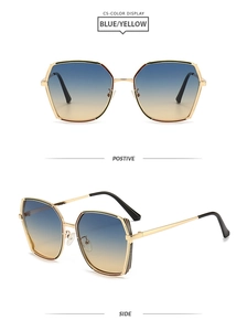 Detailansicht der quadratischen goldenen Metall-Sonnenbrille mit blau-gelben Verlaufsgläsern