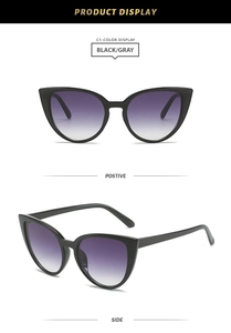 Detail view of black cat eye sunglasses with gray gradient lenses from multiple angles