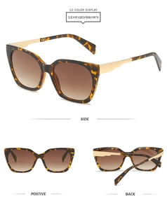 Three-view display of vintage leopard print square sunglasses with golden metal temples