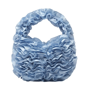 Baby blue pleated ruffle handbag with a satin finish and elegant spherical silhouette