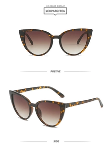 Detail view of leopard print cat eye sunglasses with gradient tea lenses from two angles