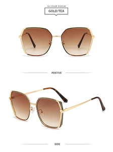 Detail einer goldenen quadratischen Metallsonnenbrille mit braunem Verlaufsglas und Bügel