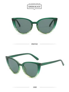 Detail view of cat eye sunglasses with translucent green frame and grey lenses