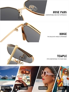 Detailansicht der goldenen quadratischen Sonnenbrille mit Silikon-Nasenpads und Scharnieren