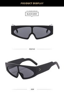 Detailed front and side view of futuristic oversized black sunglasses with gold rivets
