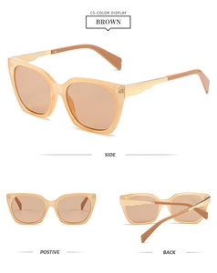 Three-view display of brown cat-eye sunglasses with gold metal temples and clear frames
