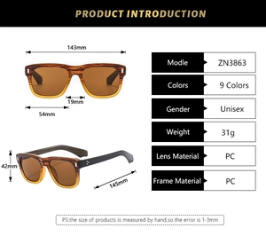 Spécifications de taille pour lunettes de soleil rectangulaires ZN3863 à monture en PC bois