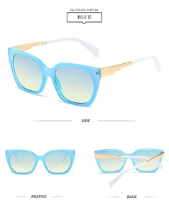 Three angles of cat-eye sunglasses with blue frames, gradient lenses, and gold metal temples