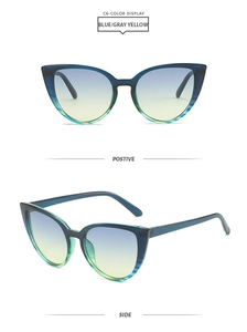 Detailed front and side view of cat eye sunglasses with blue and yellow gradient lenses