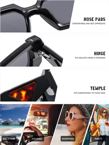 Detail of square sunglasses with comfortable nose pads and amber triangle accents