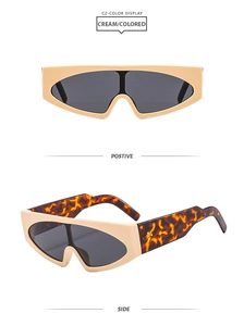 Front and side views of cream oversized shield sunglasses with tortoise temples