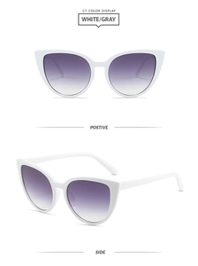 Front and side views of cat eye sunglasses with white frames and purple gradient lenses