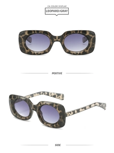 Vorder- und Seitenansicht der eckigen Sonnenbrille mit Leopardenmuster und lila Gläsern