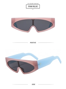 Pink and blue two-tone shield sunglasses with gold studs in front and side views