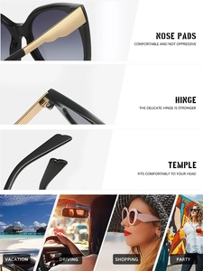 Detail view of fashion square sunglasses featuring metal hinges and comfortable nose pads