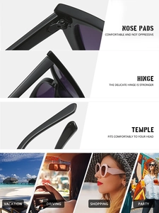 Detail view of cat-eye sunglasses featuring comfy nose pads, hinges, and lifestyle scenes