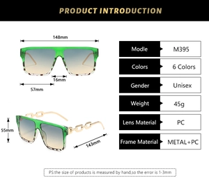 Detailed technical diagram of green square sunglasses with precise frame measurements