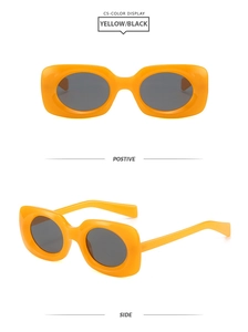 Front- und Seitenansicht der klobigen gelben rechteckigen Sonnenbrille mit dunklen Gläsern
