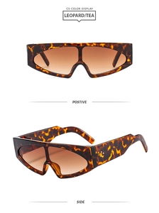 Detail of leopard print oversized sunglasses with tea gradient lenses and metal rivets