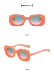 Detaillierte Front- und Seitenansicht der klobigen pinken Retro-Quadrat-Sonnenbrille mit Verlauf
