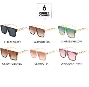 Detailed catalog of square oversized sunglasses featuring chic golden chain link temples