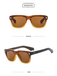 Vues détaillées face et côté de lunettes de soleil carrées marron avec texture grain de bois