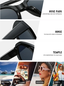 Detail view of reinforced metal hinges and nose pads on oversized black sunglasses