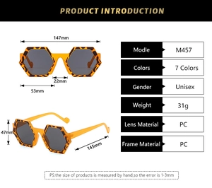 Detailed dimension guide for leopard print hexagonal PC sunglasses showing frame measurements