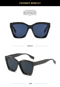 Front and side display of oversized square black sunglasses with polished frames