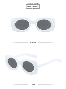 Duo-Ansicht der weißen rechteckigen Sonnenbrille mit kräftigem Rahmen und dunklen Gläsern