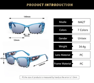 Detailed size chart and dimensions of the retro cat-eye sunglasses with blue frames