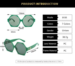 Detailed size guide for 9191 oversized hexagonal sunglasses with precise measurements
