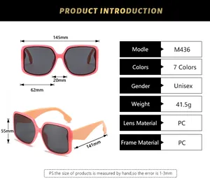 Size chart showing dimensions for square oversized sunglasses with detailed measurements