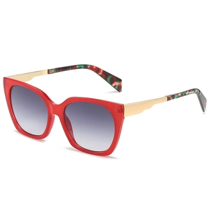Fashion square cat eye sunglasses with red frame, gold metal temples and gradient lenses