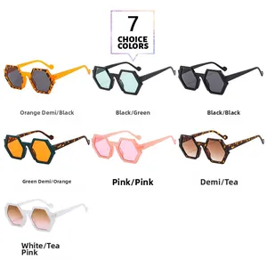Detailed grid of hexagonal sunglasses showing seven stylish color combinations and lenses