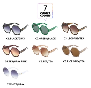 Detail showing seven color options for hexagonal oversized luxury fashion sunglasses