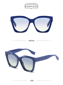 Front and side views of oversized square blue sunglasses with gradient lenses