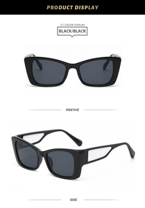 Front and side view of black square frame sunglasses with white geometric temple detail