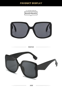 Front and side display of oversized square black sunglasses with thick glossy frames