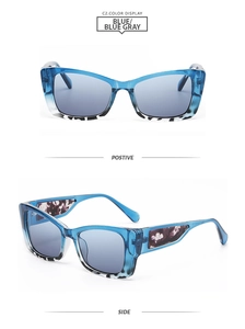 Detailed front and side view of cat-eye sunglasses with blue and tortoiseshell frames