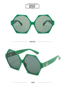 Detailed views of green hexagonal sunglasses with dark grey lenses and gold accents